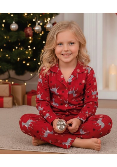 Kız Çocuk Yılbaşı Yeniyıl Temalı Pazen Pijama Takımı Kapı-8255 Kırmızı