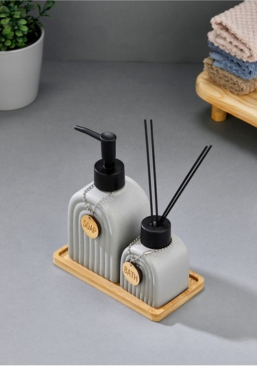 Cooker 2'li 320 Ml Seramik Bambu Standlı Banyo Seti Ckr3885 Gri
