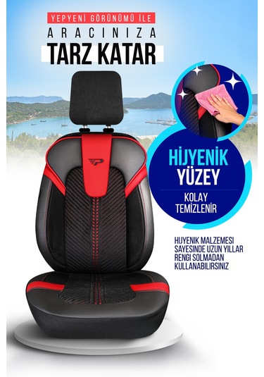 Siyah - Kırmızı Garni Panda Monte Carlo Serisi Velor Kadife Kumaş Oto Koltuk Kılıfı - Tam Set