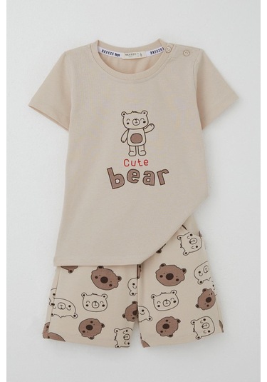Breeze Erkek Bebek Şortlu Takım Havalı Ayıcık Baskılı 9 Ay-3 Yaş, Bej Bej
