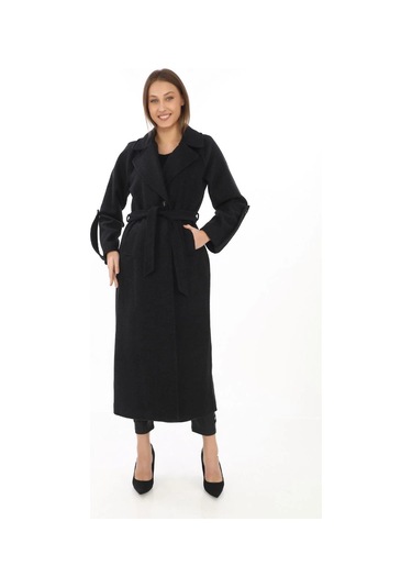 Kadın Uzun Kaşe Kaban Yünlü Dokuma Kaşmir Kumaş, Kruvaze Yaka, Kuşaklı Astarlı Tesettür Uyumlu Şık Siyah Kadın Uzun Kaşe Kaban Yünlü Dokuma Kaşmir Kumaş, Kruvaze Yaka, Kuşaklı Astarlı Tesettür Uyumlu Şık Siyah