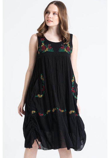 Kolsuz Vual Ahsen Nakışlı Midi Boy Elbise Siyah Syh-siyah