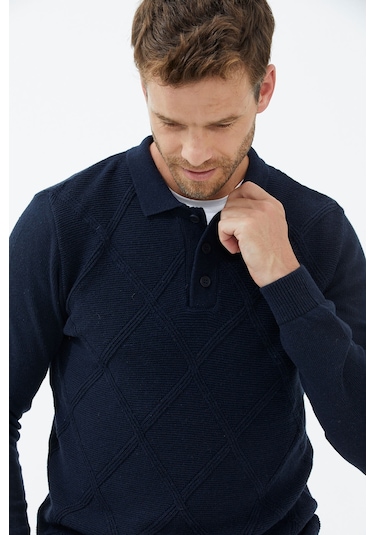 Polo Yaka Düğmeli Triko Kazak  - Lacivert
