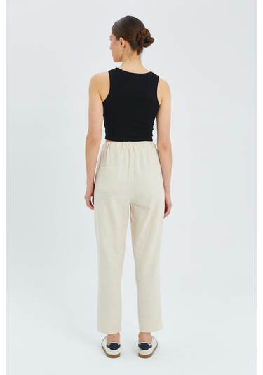 4566 Kadın Lastikli Bel Keten Pantolon Naturel Naturel