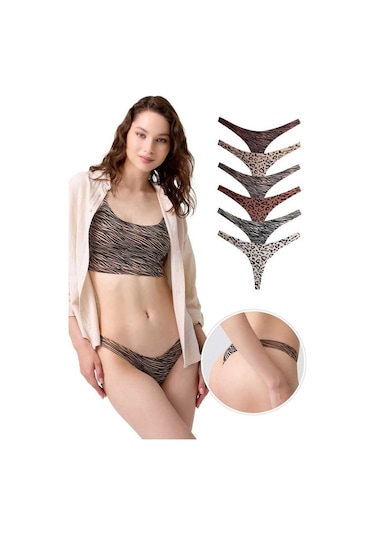 Basic Desenli Lazer Kesim Kadın Tanga Külot 6'lı Paket Renkli-1 Çok Renkli