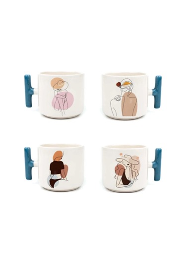 4'lü Modern Kız Art - T Kulp Kupa 1 Beyaz