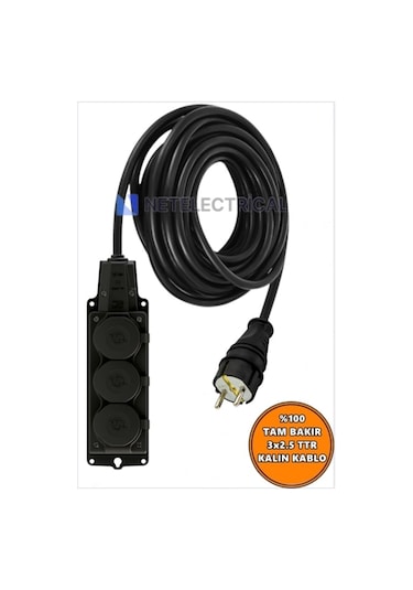 Kauçuk 3'lü Topraklı Grup Priz Uzatma Kablosu 10 Metre 3x2.5 Mm² Ttr Kalın Siyah Kablolu 10 Metre