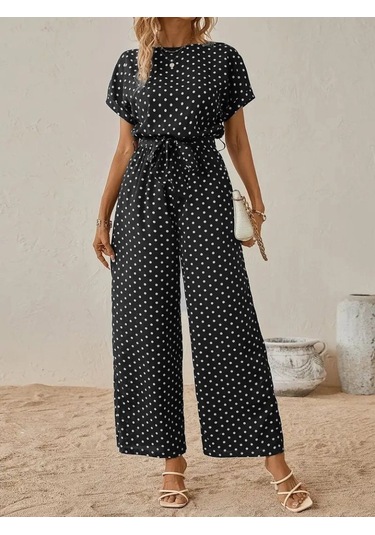 Leyla Sanat Sanata Yeni Bir Bakış Açısı Kadın Kısa Kollu Kayık Yaka Belden Kuşaklı Örme Krep Tulum Siyah