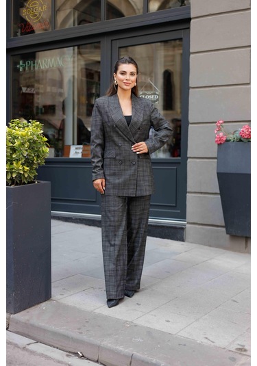 6 Düğmeli Kruvaze Ekose Takım Siyah Siyah