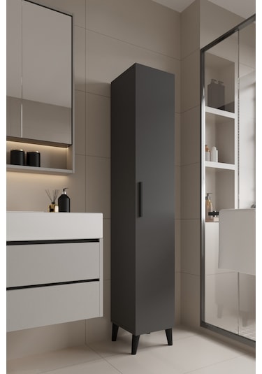 Mundo Tek Kapılı Banyo Dolabı Çok Amaçlı Dolap - Antrasit Antrasit