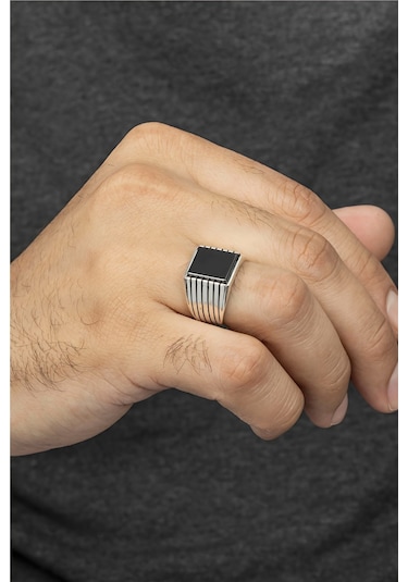 Çizgi Desenli 925 Ayar Gümüş Erkek Yüzük -8323 Gümüş
