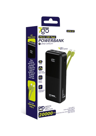 7go Gpw-07 20000mah Pd22.5w Hızlı Şarj Powerbank Beyaz Dahili Type-c & Lightning Kablo Dijital E BEYAZ