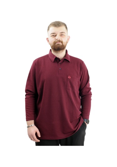 Mode Xl Büyük Beden Erkek Sweatshirt Polo Yaka Uzun Kol Waffle 23449 Bordo Bordo