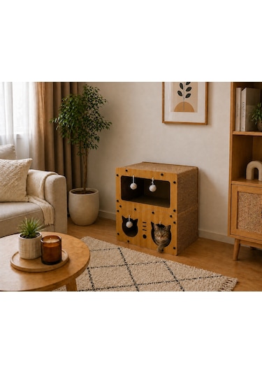 Pureza Ahşap Kedi Evi & Karton Tırmalama Alanı