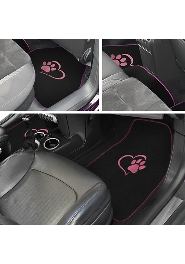 Sevgili Köpek Pati Desenli Pembe Nakışlı Araç Halı Paspas Seti Şık Ve Sevimli Oto Paspas Aksesuar