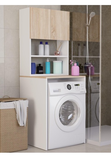 %100mdf Çamaşır Ve Kurutma Makinesi Dolabı, 3 Raflı Kapaklı Çamaşır Makinesi Üstü Dolabı Sonoma-beyaz Sonoma - Beyaz