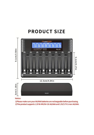 Xuweiwei Powerkan 8 Yuvalı Aa Aaa Pil Şarj Cihazı Tümü8 1.2v Ni-mh Ni-cd 350mahx8 1.5v Li-ion 200mahx8 Usb-c Kablo Dahil