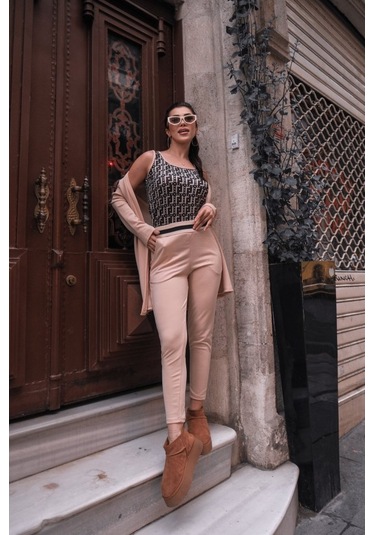 Gülsüm Aydın Kadın Uzun Kollu Krep Üçlü Takım Bej