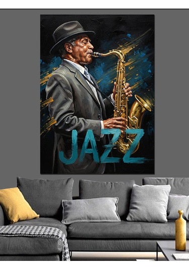 Saksafon Çalan Jazz Adam Dekoratif Kanvas - Mdf Ahşap Tablo