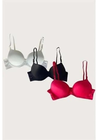 Beyaz-siyah-kırmızı 3'lü Mikro Kumaş Push Up Dolgulu Balenli Günlük Destekli Sütyen Görsel