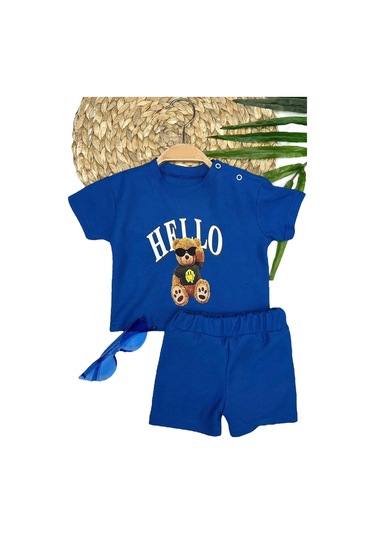 9-12-18-24 Ay Hello Gözlüklü Ayıcık Baskılı Şortlu Kısa Kollu Tişört 2li Erkek Bebek Takımı Saks Mavisi