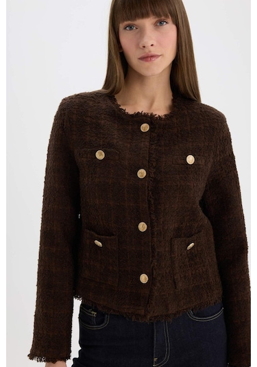 Defacto Regular Fit Bisiklet Yaka Tweed Blazer Ceket D8460ax24aubn298 Kahve