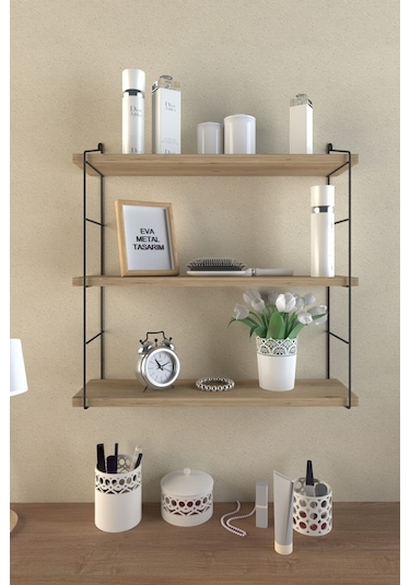 Eva Metal Tasarim Modern Büyük Boy 3 Katlı Duvar Rafı Çam Desenli