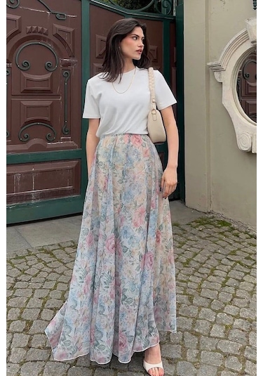 Madmext Ekru Çiçek Desenli Vintage Şifon Maxi Etek Mg2776