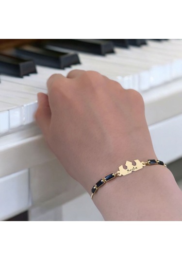 Seda İsmine Özel Siyah Taş Desenli Taç Motifli 14 Ayar Altın Plakalı Hediye Bileklik-510isim Seda