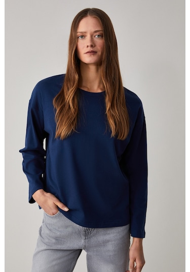 BASIL Kadını Oversize %100 Organik Pamuk Örme Uzun Kol Lacivert T-Shirt