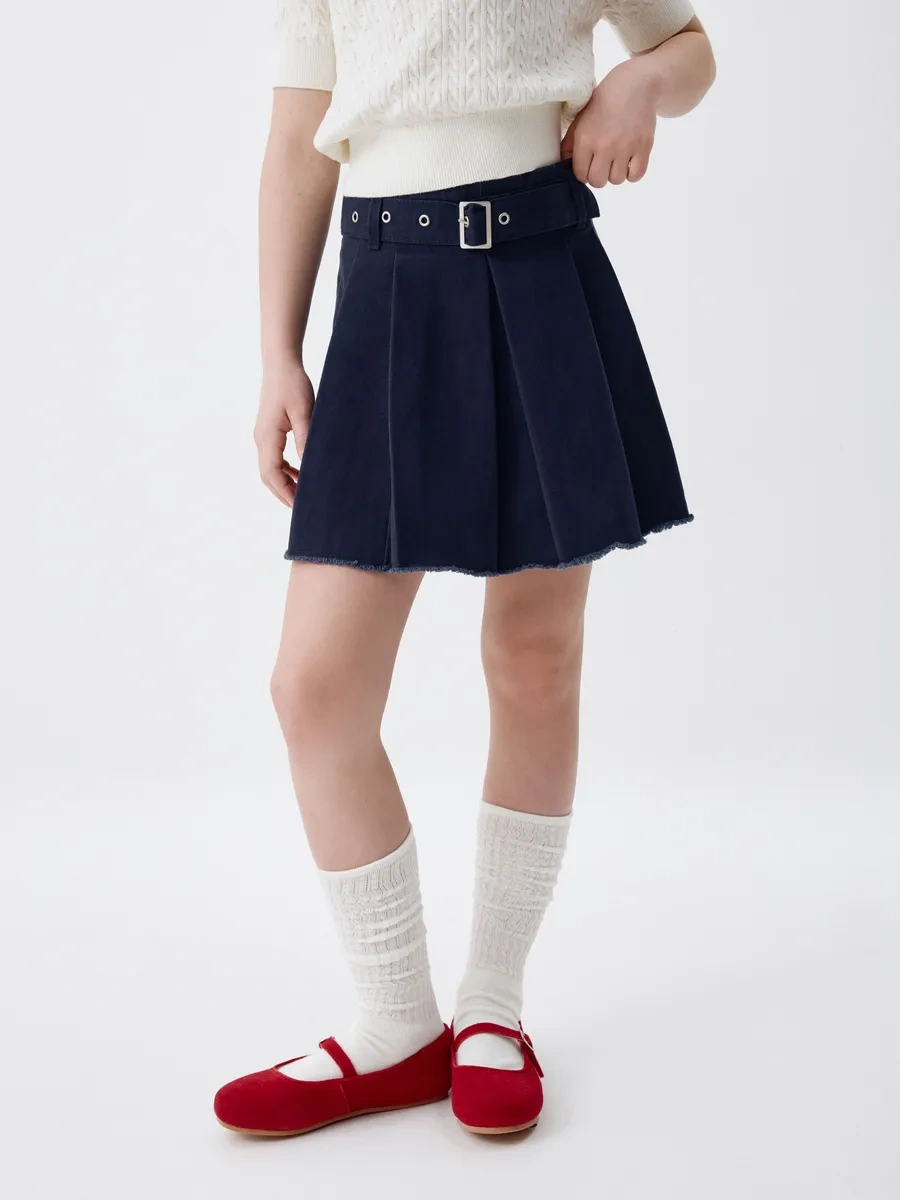 Sela Okul İçin Kemerli Fırfırlı Kısa Tweed Etek. 432694471 Mavi