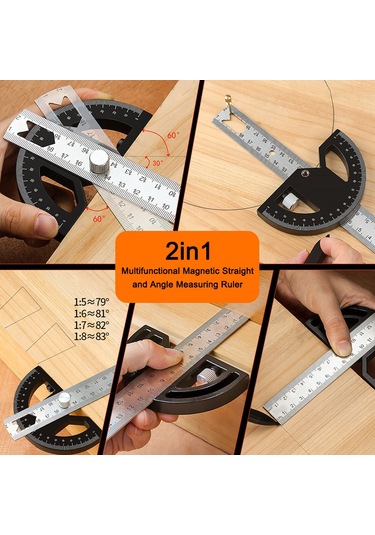 Moveevo Ahşap İşleri Manyetik Açı Ölçer 8" - 200mm Abs, Dereceli Çizgi Ve Uzunluk Ölçümü, Pim-dikme Özelliği, Ayrıştırılabilir Kombinasyon