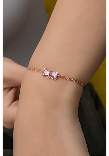 Nereze 925 Ayar Gümüş Pembe Taşlı Kedi Bileklik