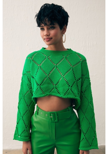 Sateen Ajurlu Crop Triko - Yeşil-132235 Yeşil