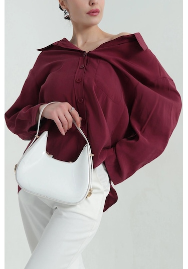 Ribana Tek Cep Modal Oversize Kadın Gömlek Bordo