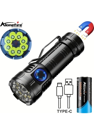 Xuweiwei Alonefire X68s Siyah 8x Led 6500k Xpg Yüksek Güç El Feneri Usb Şarj Taşınabilir Manyetik Kırmızı Uyarı 26650 Pil Açık Hava Yürüyüş Lambası Siyah