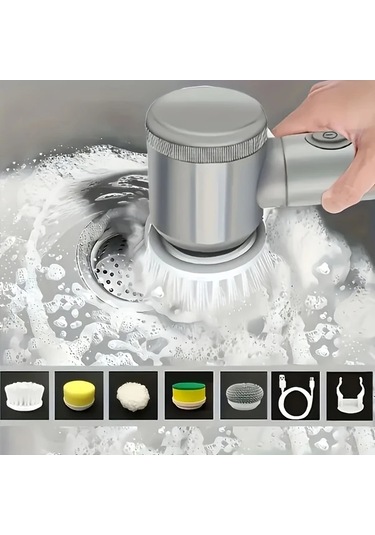 Fochsia Wireless Elektrikli Döner Temizleyici Grey Usb Şarjlı Değiştirilebilir Fırça Başlıkları 6 Farklı Fırça Banyo Mutfak Araba Cam