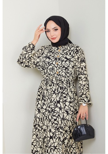 Sevil Yarım Düğmeli Dokuma Viskon Elbise 1504 - Ekru Ekru