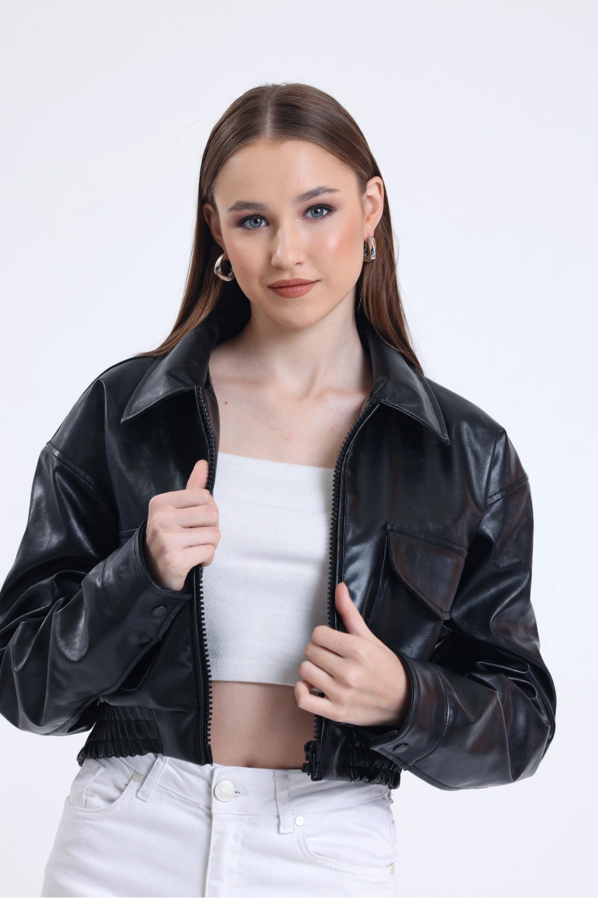 Kadın Deri Oversize Astarlı Kol Çıt Çıt Düğmeli Deri Mont Fermuar Kapamalı Kolej Mont Siyah Siyah