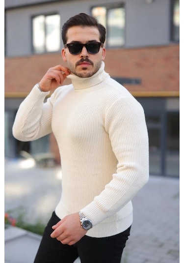 Defymoda Erkek Boğazlı Örme Kazak Açık Krem