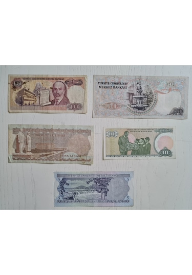 5 Adet Eski Dönem Yerli Banknot Para. 5 10 20 50 Ve 100 Türk Lira