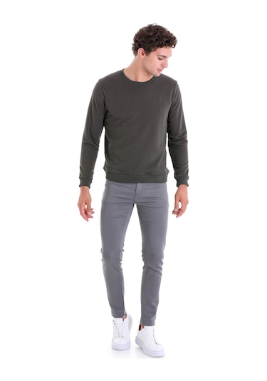 Hatemoğlu Haki Regular Fit Düz Pamuklu Bisiklet Yaka Sweatshirt Haki