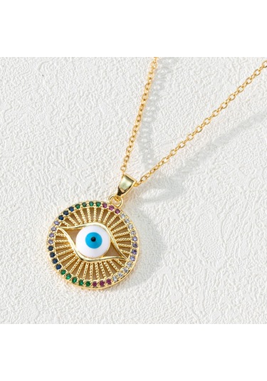 Takı: Titanyum Çelik Köprücük Kimi Zinciri, Renkli Zirkon Taşlı Göz Pandantif, Şeytan Gözü Kolye Açık Sarı