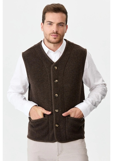 Desen Triko Erkek V Yaka Keçe Aksesuarlı Pike Dokuma Yün Yelek 02422569 Koyu Kahve Koyu Kahve