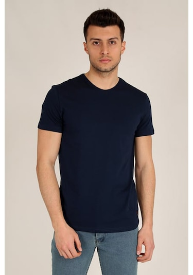 Erkek Lacivert Slim Fit Bisiklet Yaka Basic T-shirt Lacivert
