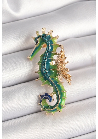 Pirinç Gold Renk Yeşil Deniz Atı Model Zirkon Taş Detay Kadın Br Renkli