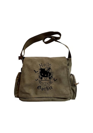 Hello Gothic Baskılı Unisex Yeşil Postacı Çantası