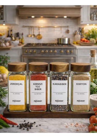 Bambu Kapaklı Standlı 4'lü Cam Baharatlık Seti 120 Ml Kare Tasarımlı Ahşap - Şeffaf
