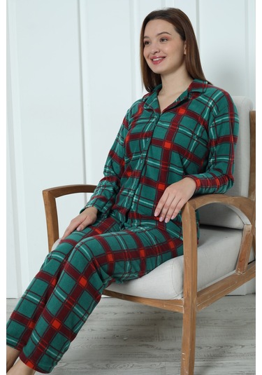 Fawn 3957 Boydan Düğmeli Polar Kışlık Kadın Pijama Takımı Yeşil