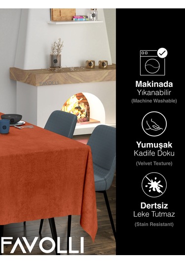 Kadife Dokulu Kiremit Rengi Masa Örtüsü Kiremit